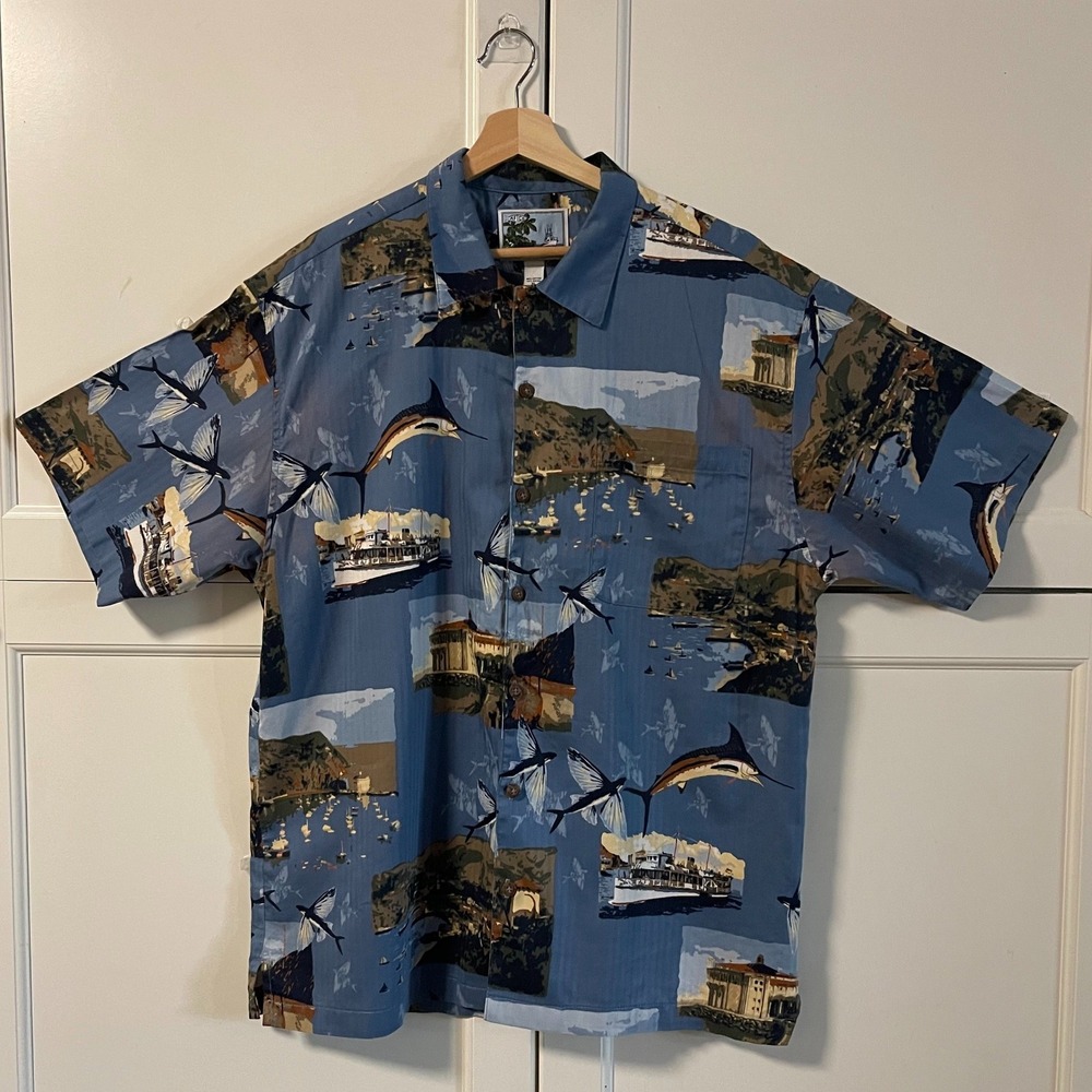 AFTCO Bluewater Mens XL Blue Marlin Fish Scenic Shirt Made in USA Cotton
